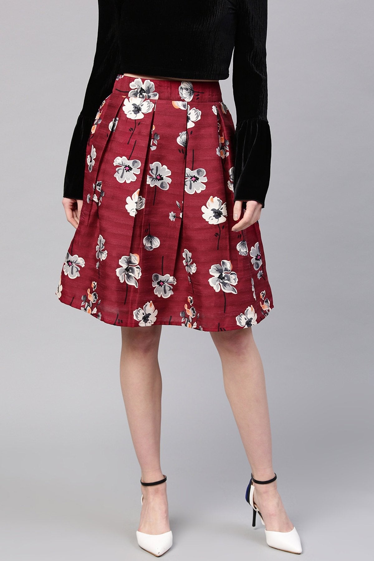 Women's Burgundy Floral Silk A-Line Skirt - SASSAFRAS