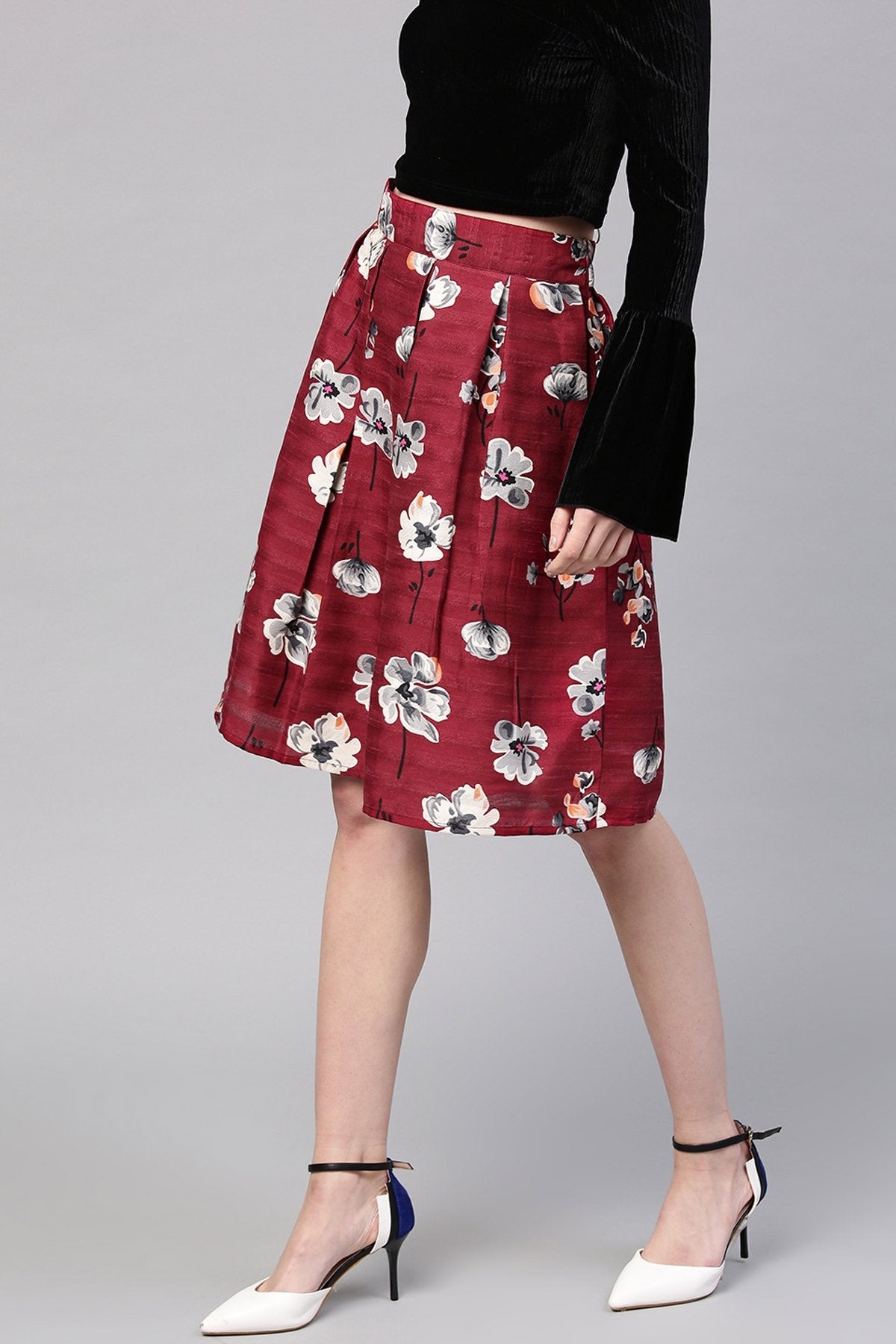 Women's Burgundy Floral Silk A-Line Skirt - SASSAFRAS