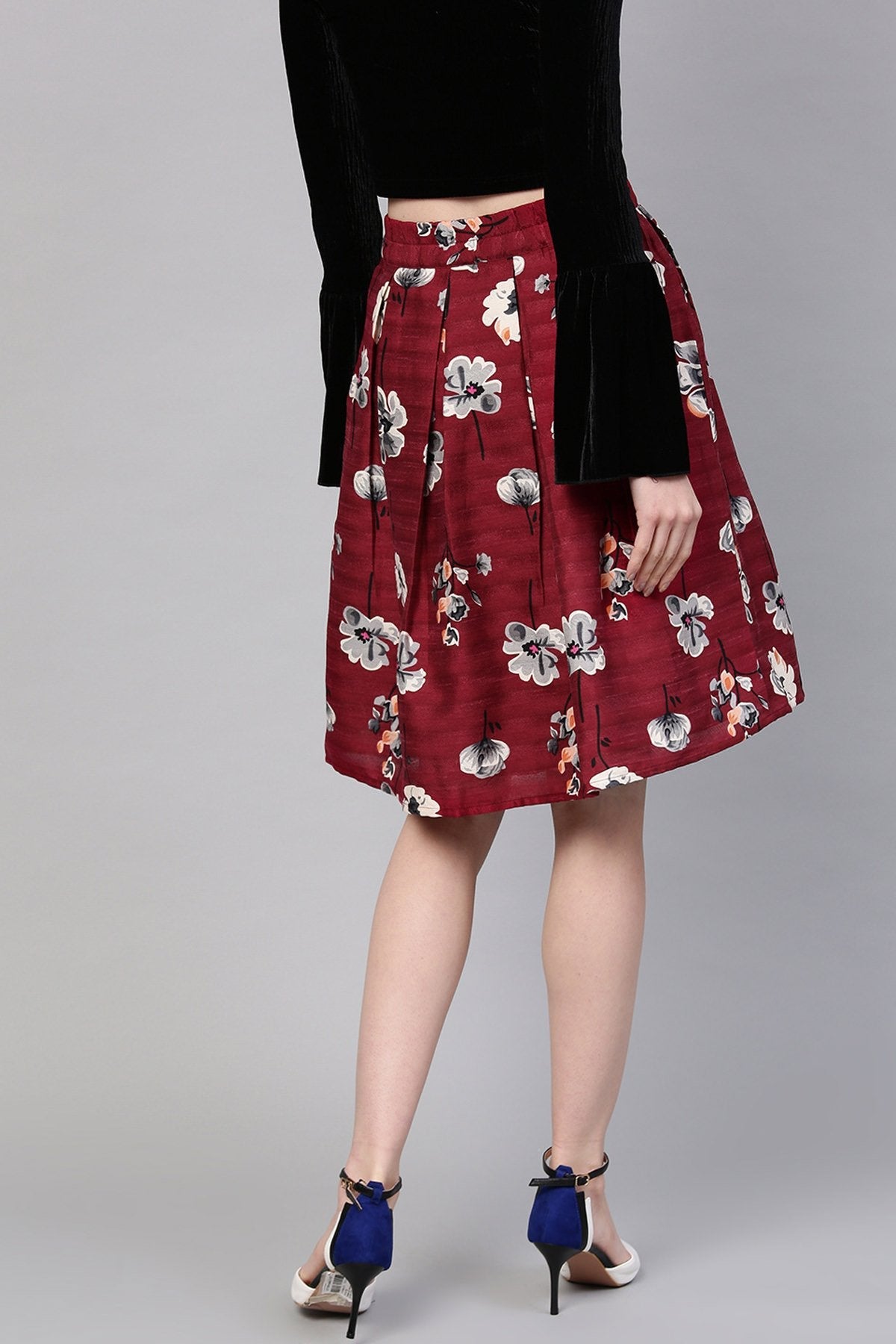 Women's Burgundy Floral Silk A-Line Skirt - SASSAFRAS