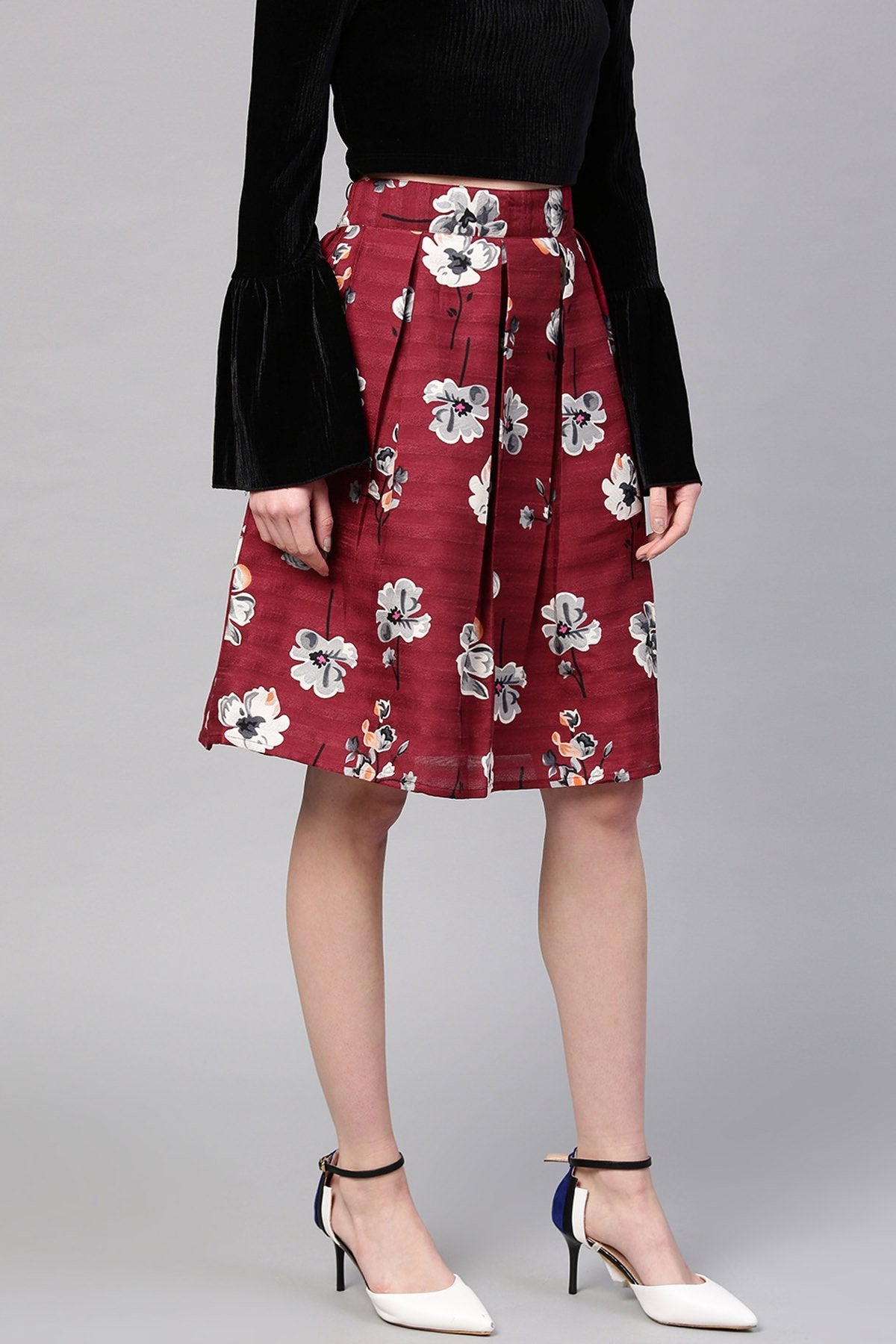 Women's Burgundy Floral Silk A-Line Skirt - SASSAFRAS