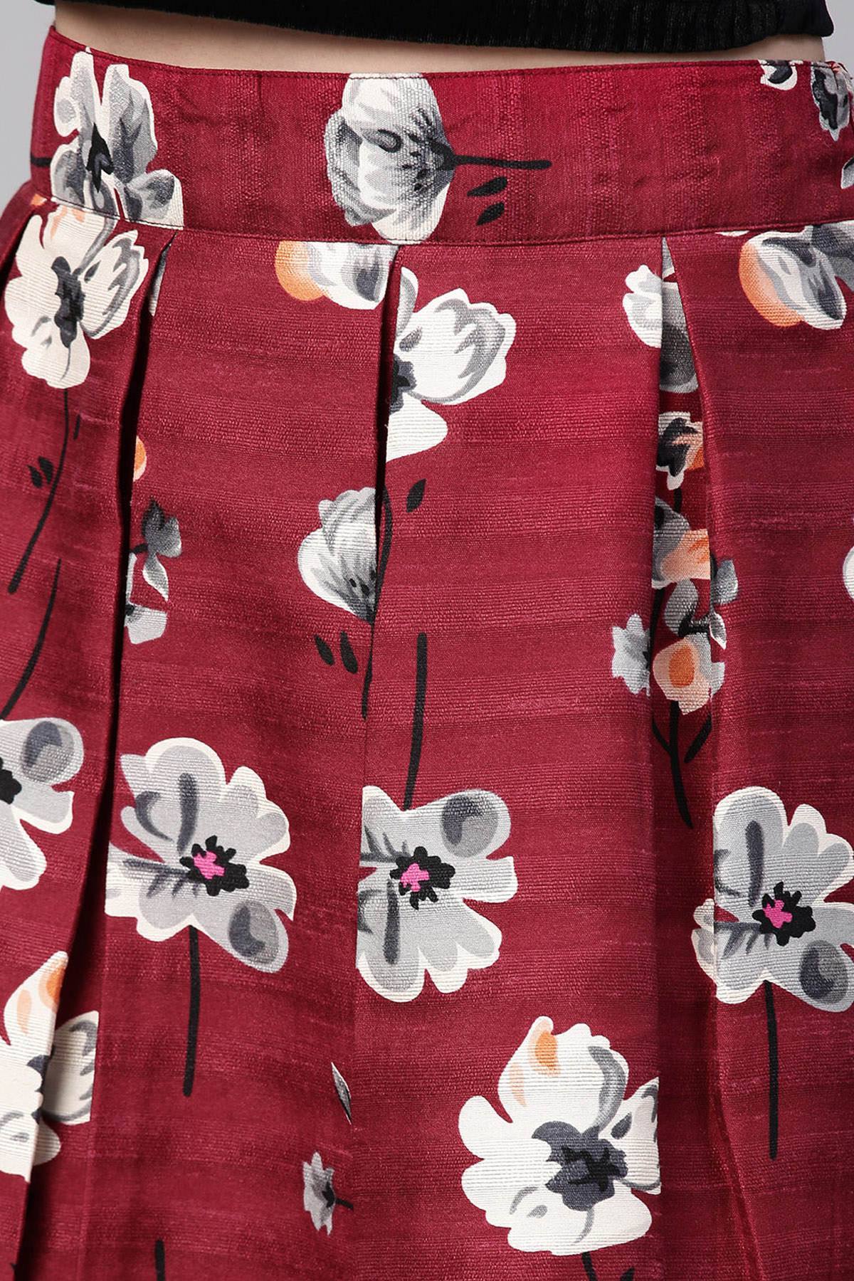 Women's Burgundy Floral Silk A-Line Skirt - SASSAFRAS