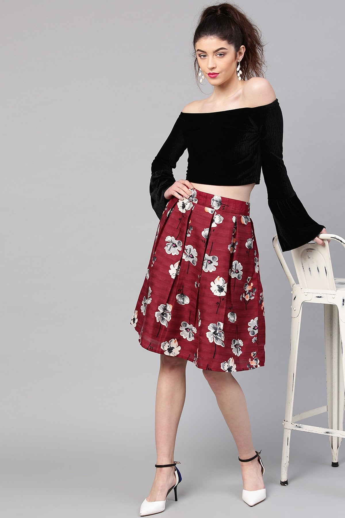 Women's Burgundy Floral Silk A-Line Skirt - SASSAFRAS