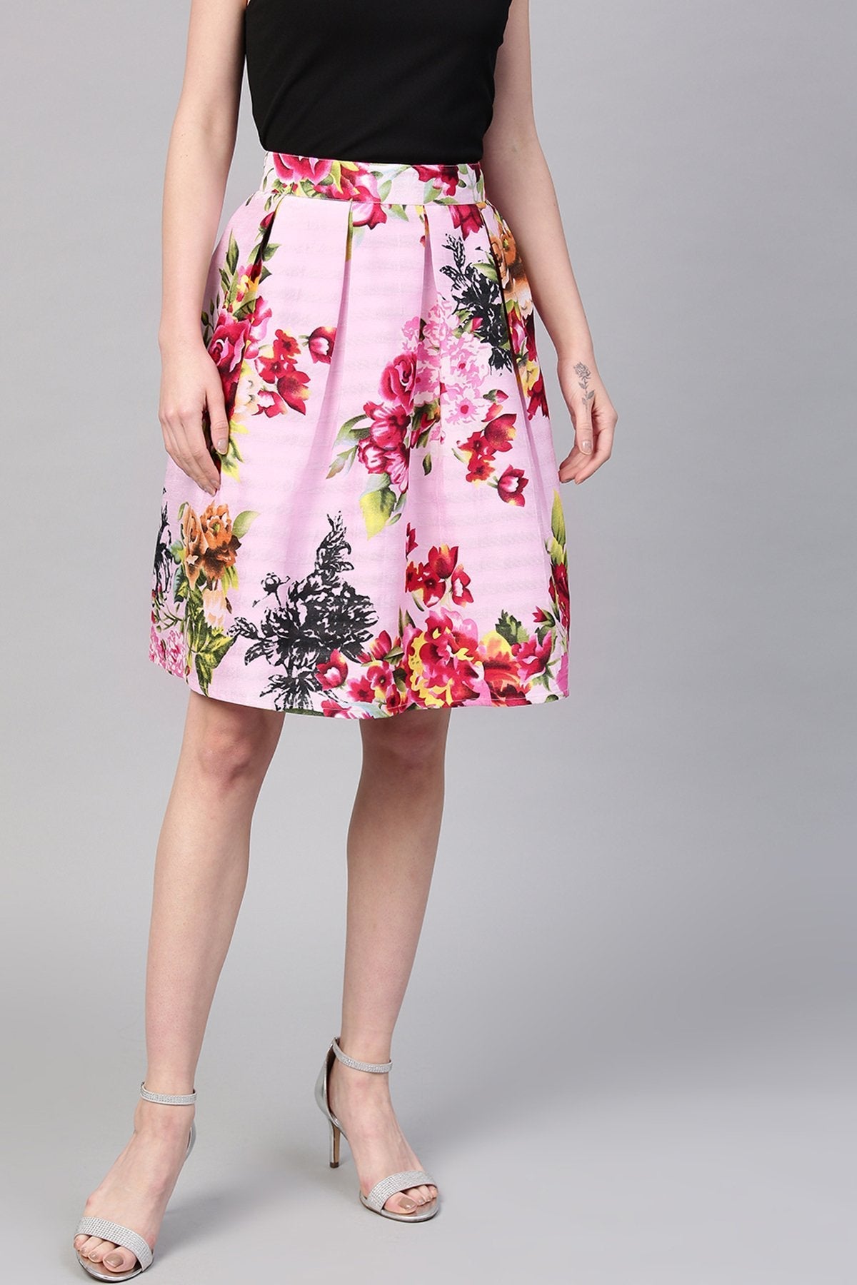 Women's Pink Floral Silk A-Line Skirt - SASSAFRAS