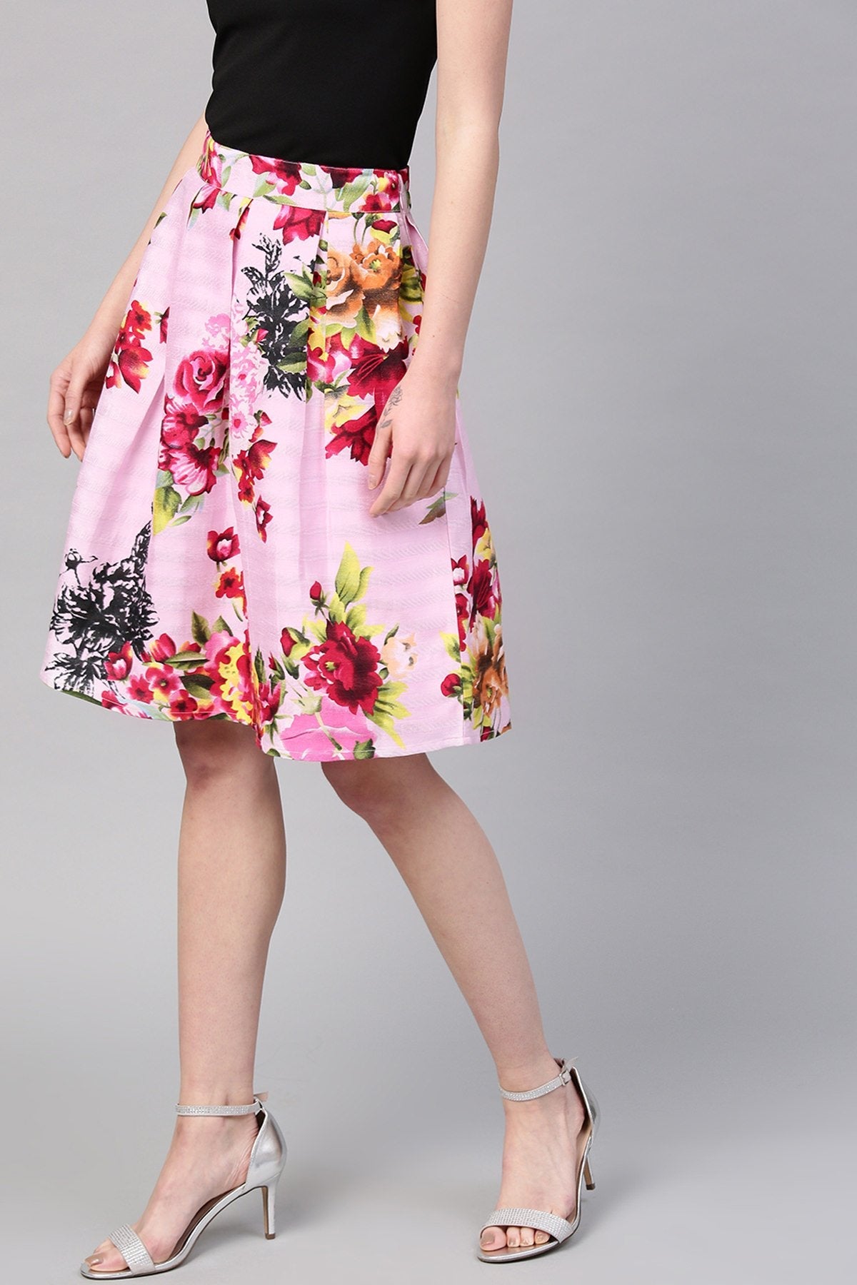 Women's Pink Floral Silk A-Line Skirt - SASSAFRAS