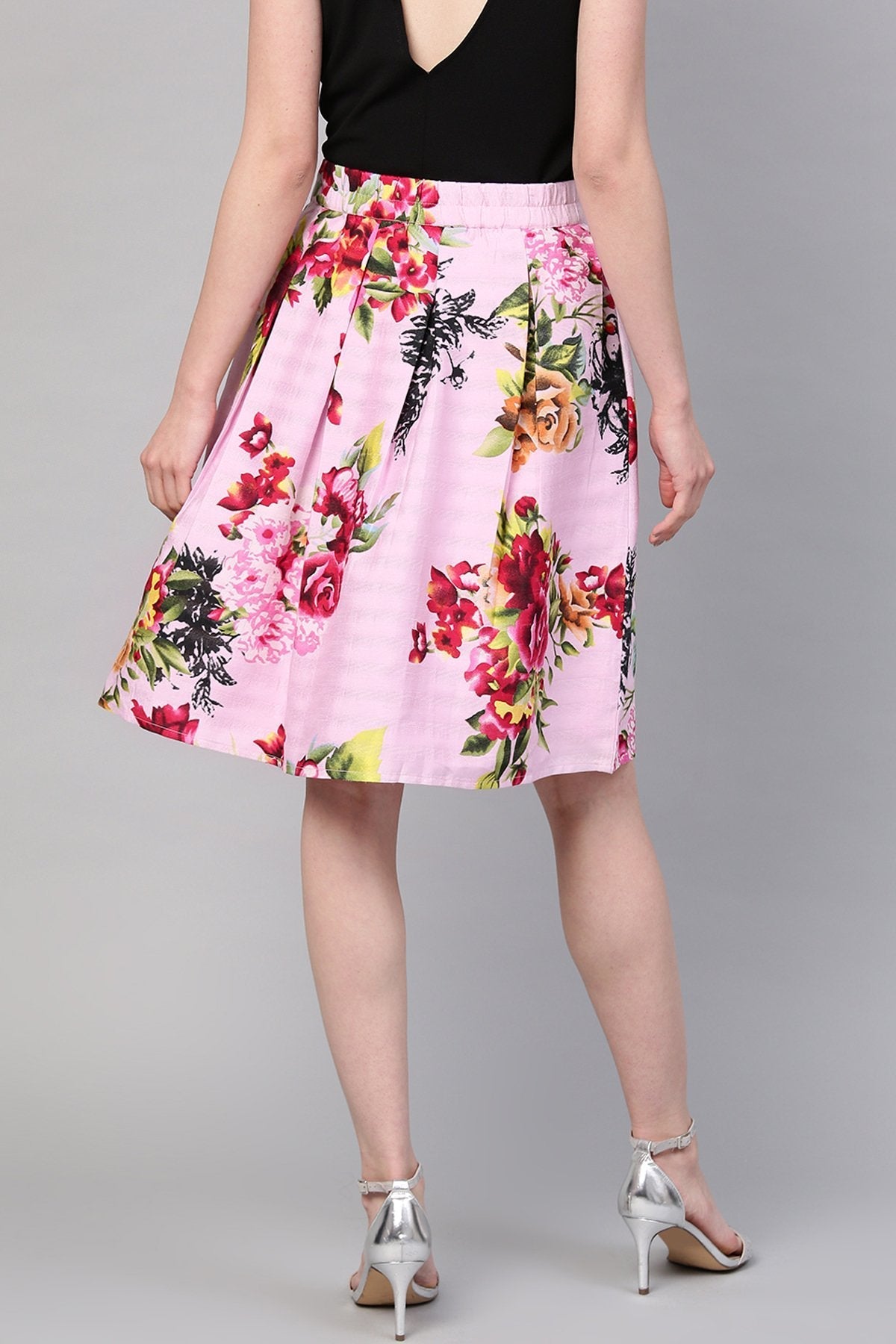 Women's Pink Floral Silk A-Line Skirt - SASSAFRAS