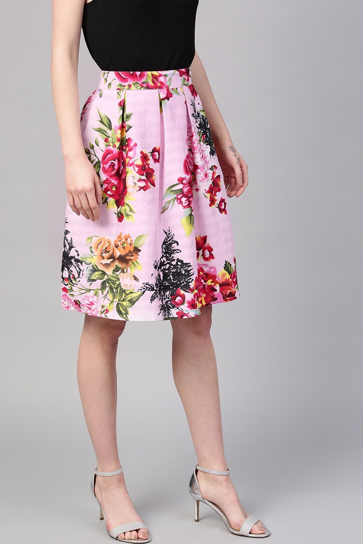 Women's Pink Floral Silk A-Line Skirt - SASSAFRAS