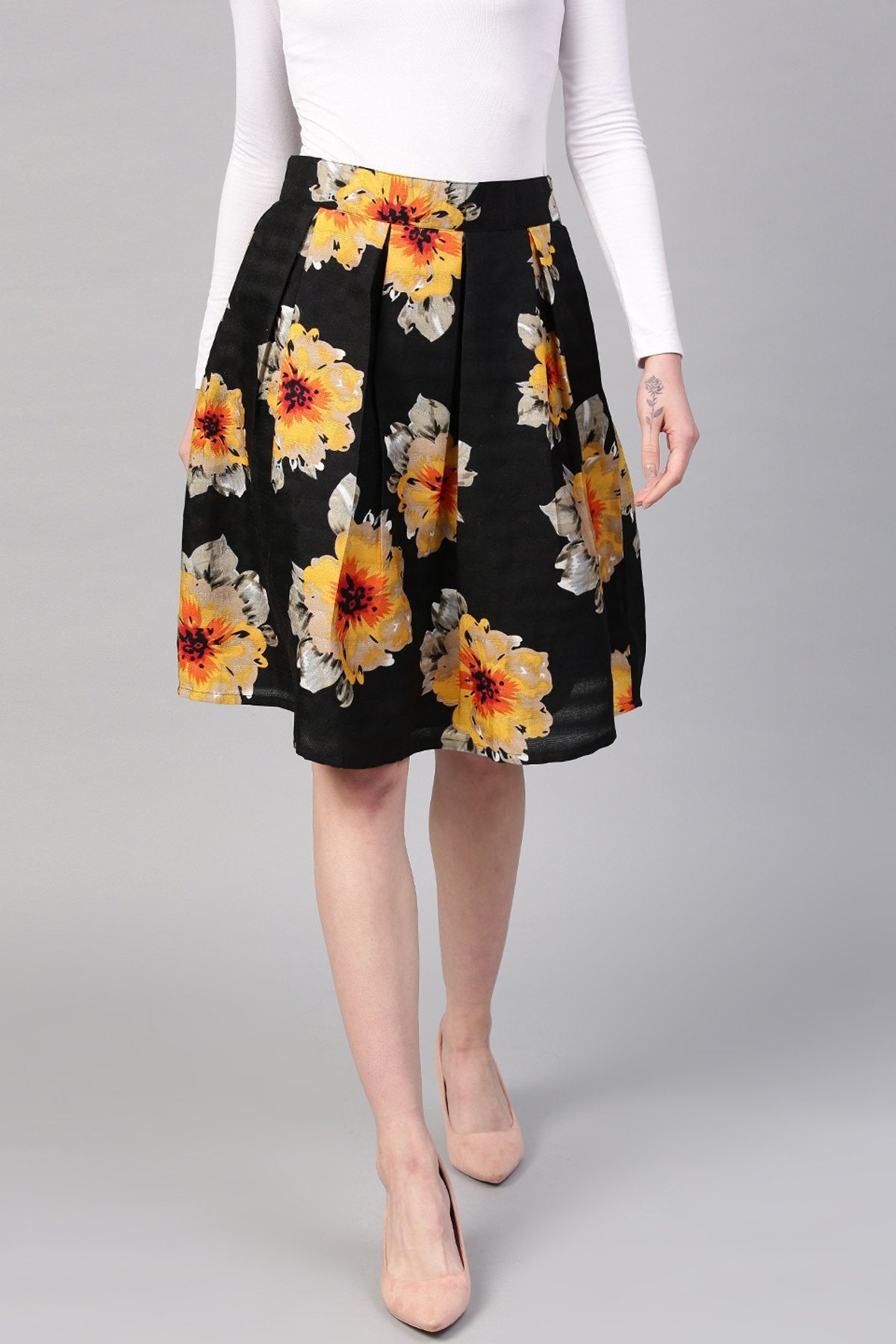 Women's Black Floral Silk A-Line Skirt - SASSAFRAS