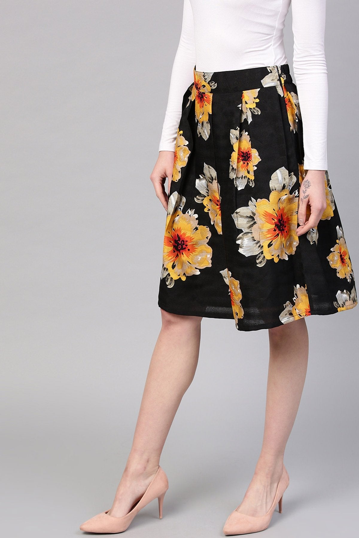 Women's Black Floral Silk A-Line Skirt - SASSAFRAS