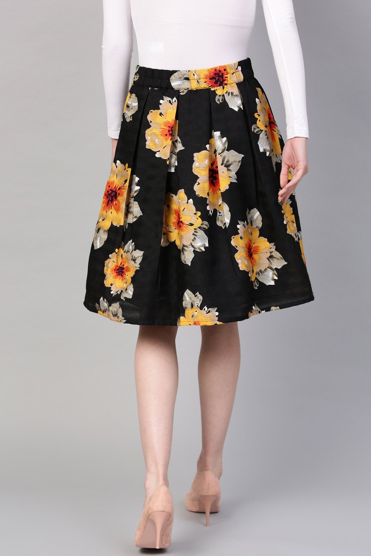 Women's Black Floral Silk A-Line Skirt - SASSAFRAS