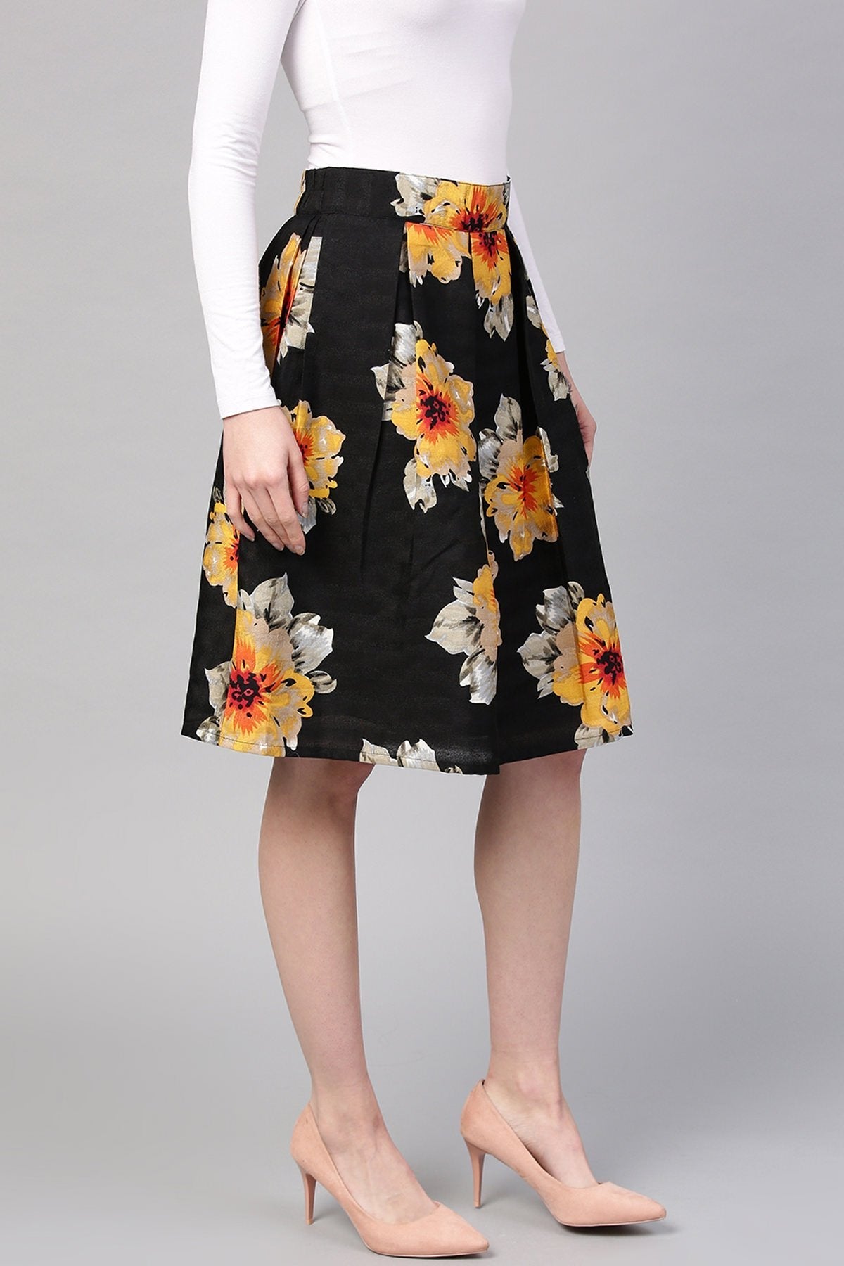 Women's Black Floral Silk A-Line Skirt - SASSAFRAS