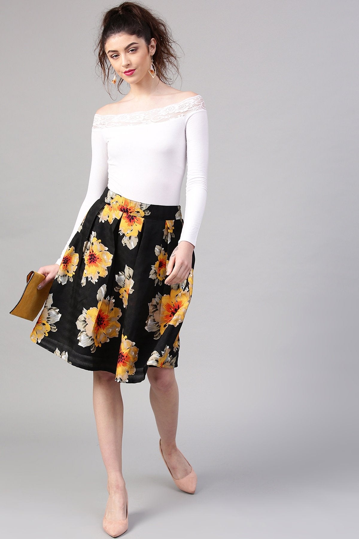 Women's Black Floral Silk A-Line Skirt - SASSAFRAS