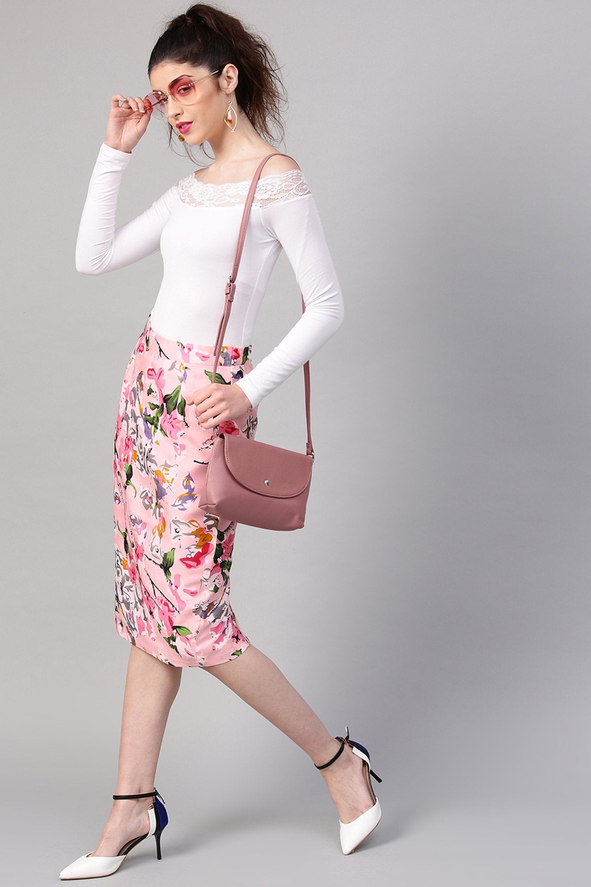 Women's Pink Old Floral Silk Pencil Skirt - SASSAFRAS