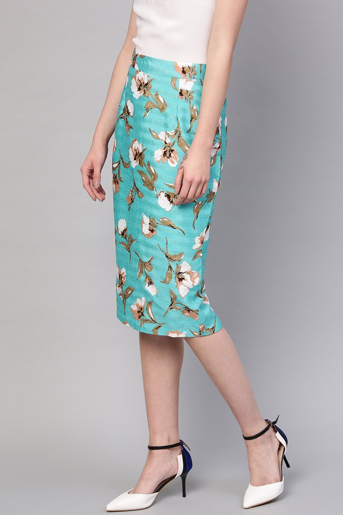 Women's Aqua Floral Silk Pencil Skirt - SASSAFRAS