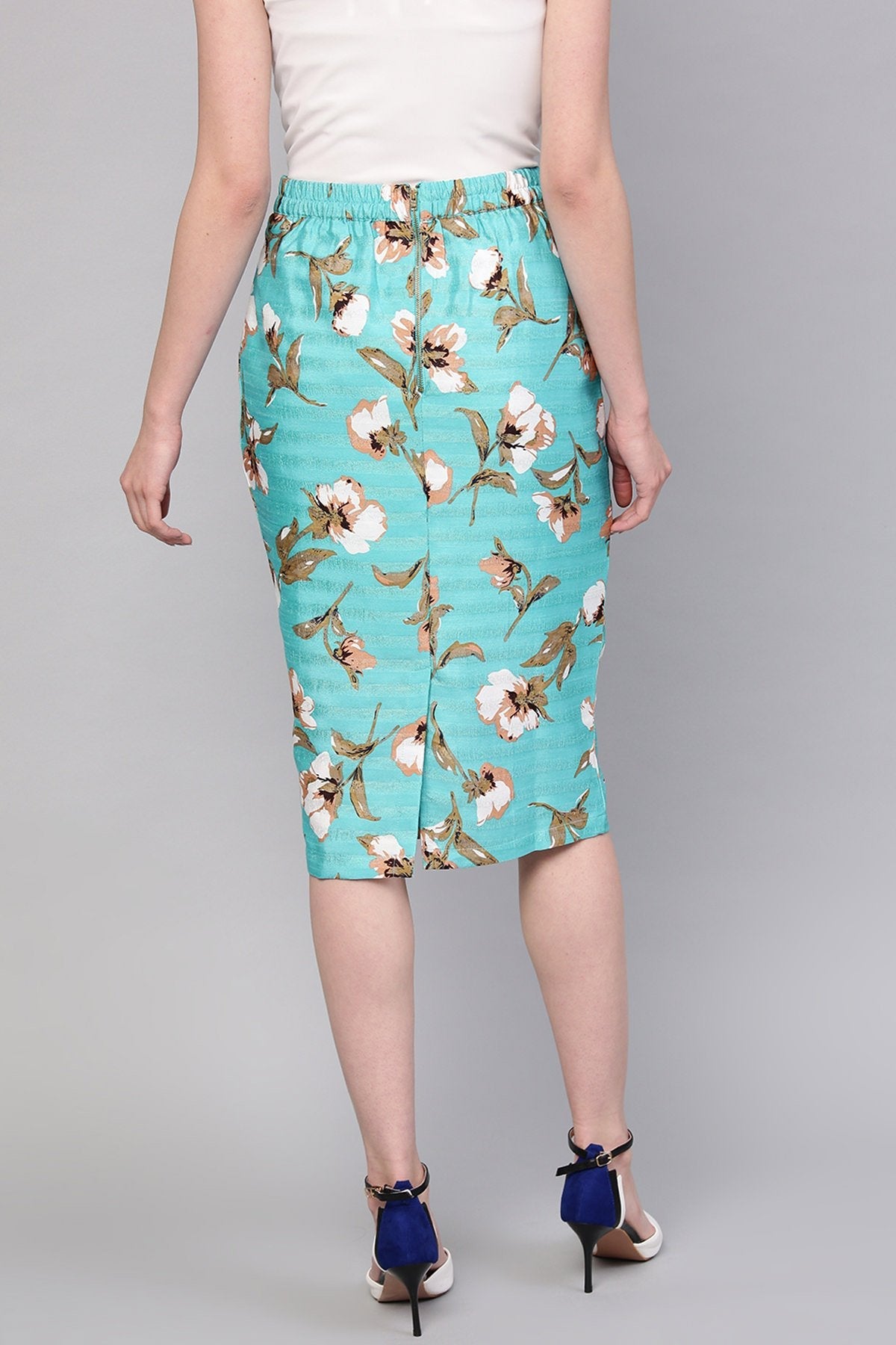 Women's Aqua Floral Silk Pencil Skirt - SASSAFRAS