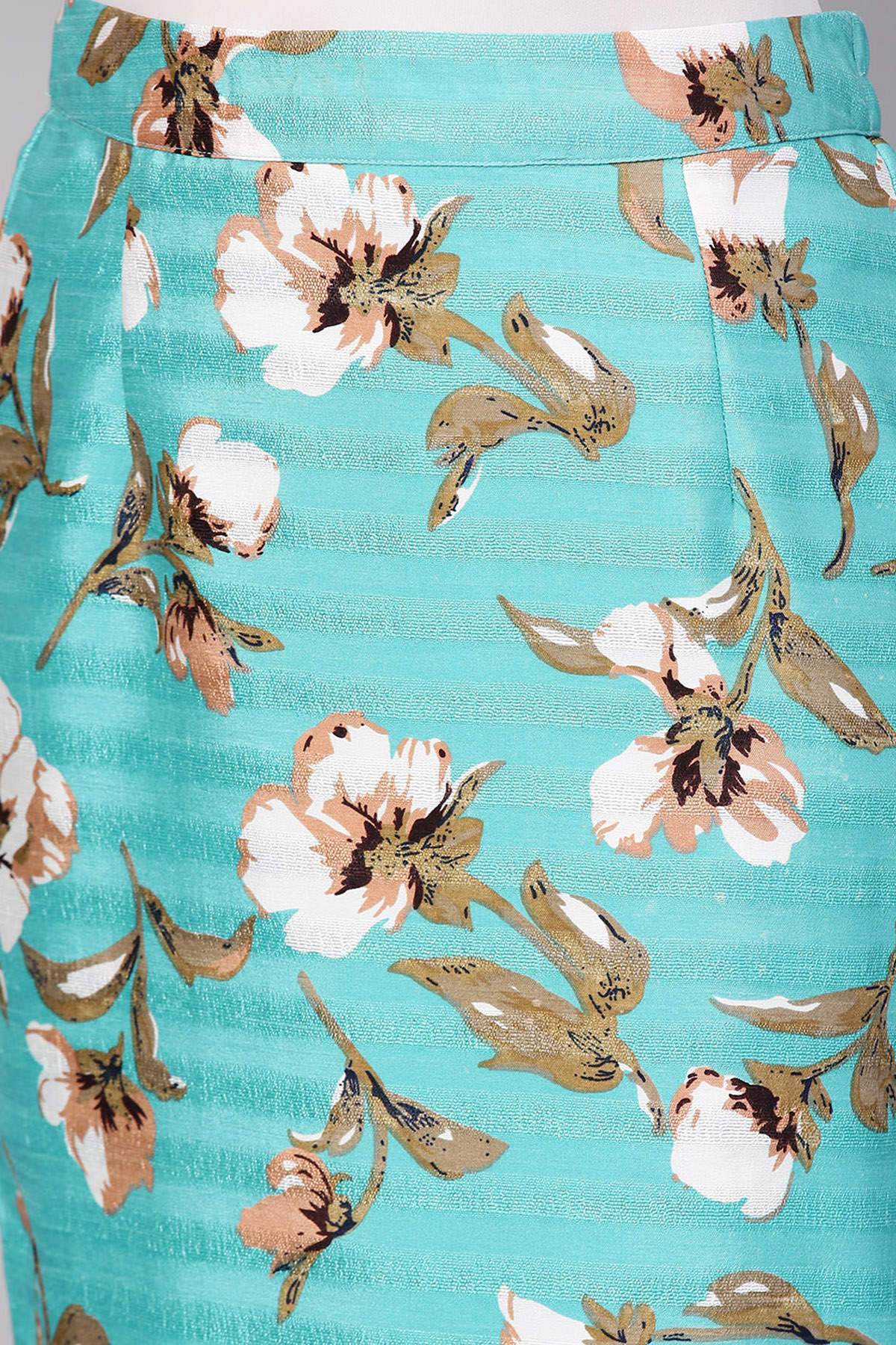 Women's Aqua Floral Silk Pencil Skirt - SASSAFRAS