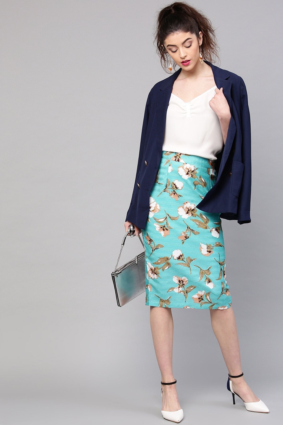 Women's Aqua Floral Silk Pencil Skirt - SASSAFRAS