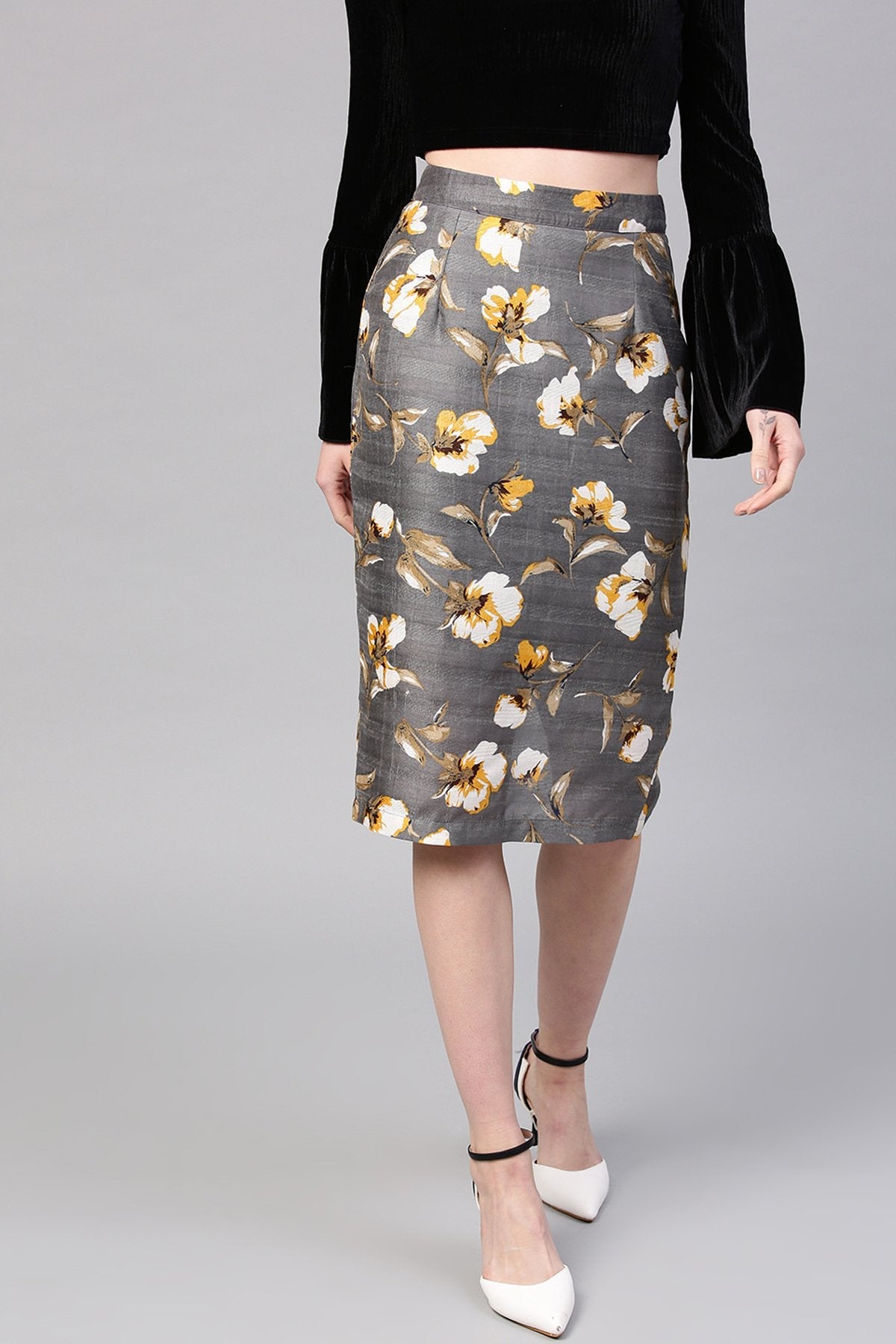 Women's Grey Floral Front Silk Pencil Skirt - SASSAFRAS