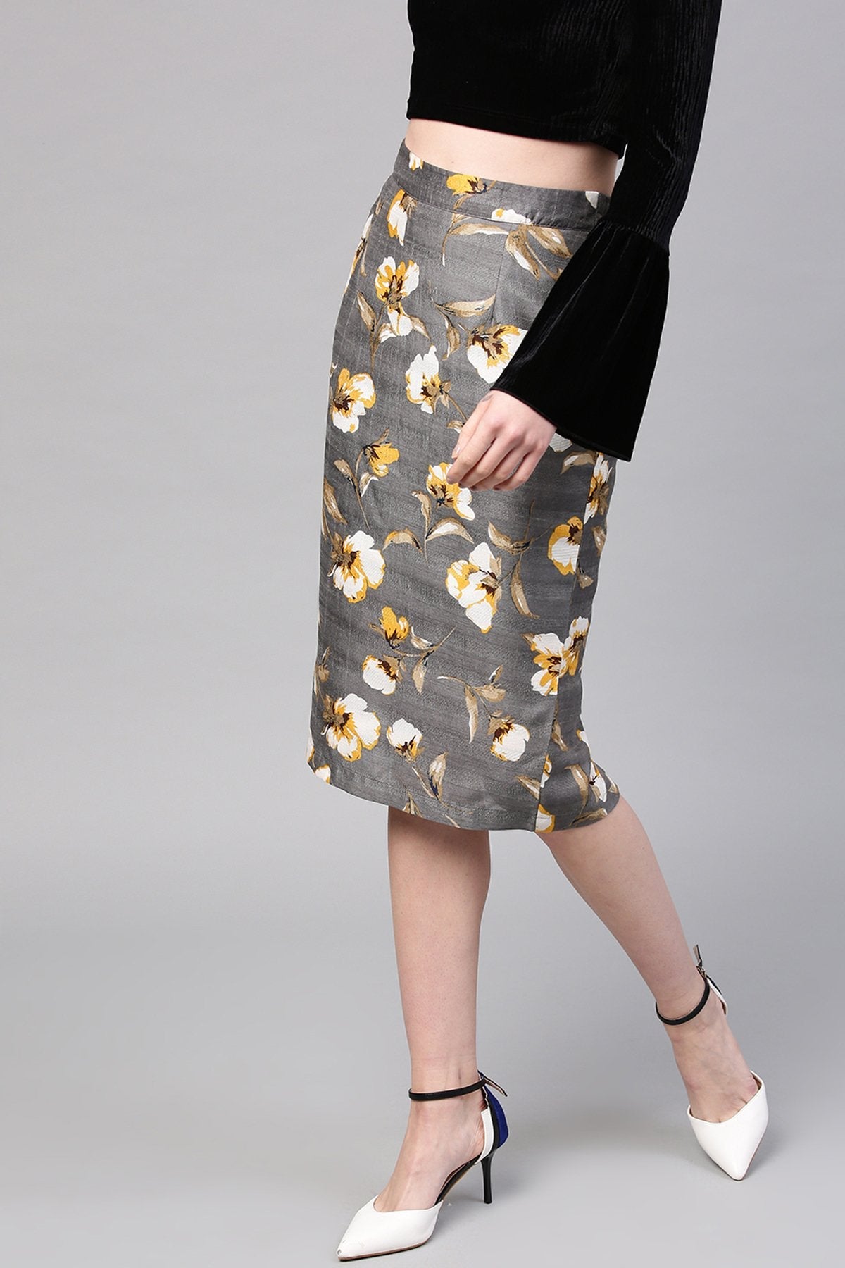 Women's Grey Floral Front Silk Pencil Skirt - SASSAFRAS