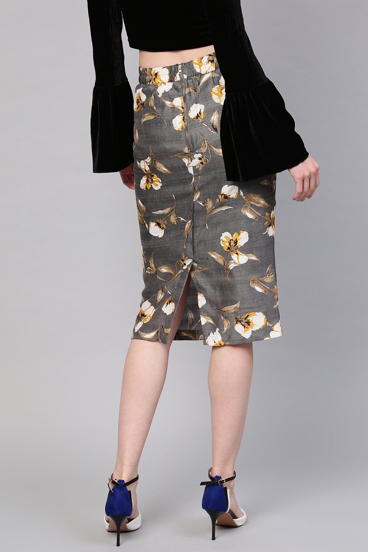 Women's Grey Floral Front Silk Pencil Skirt - SASSAFRAS