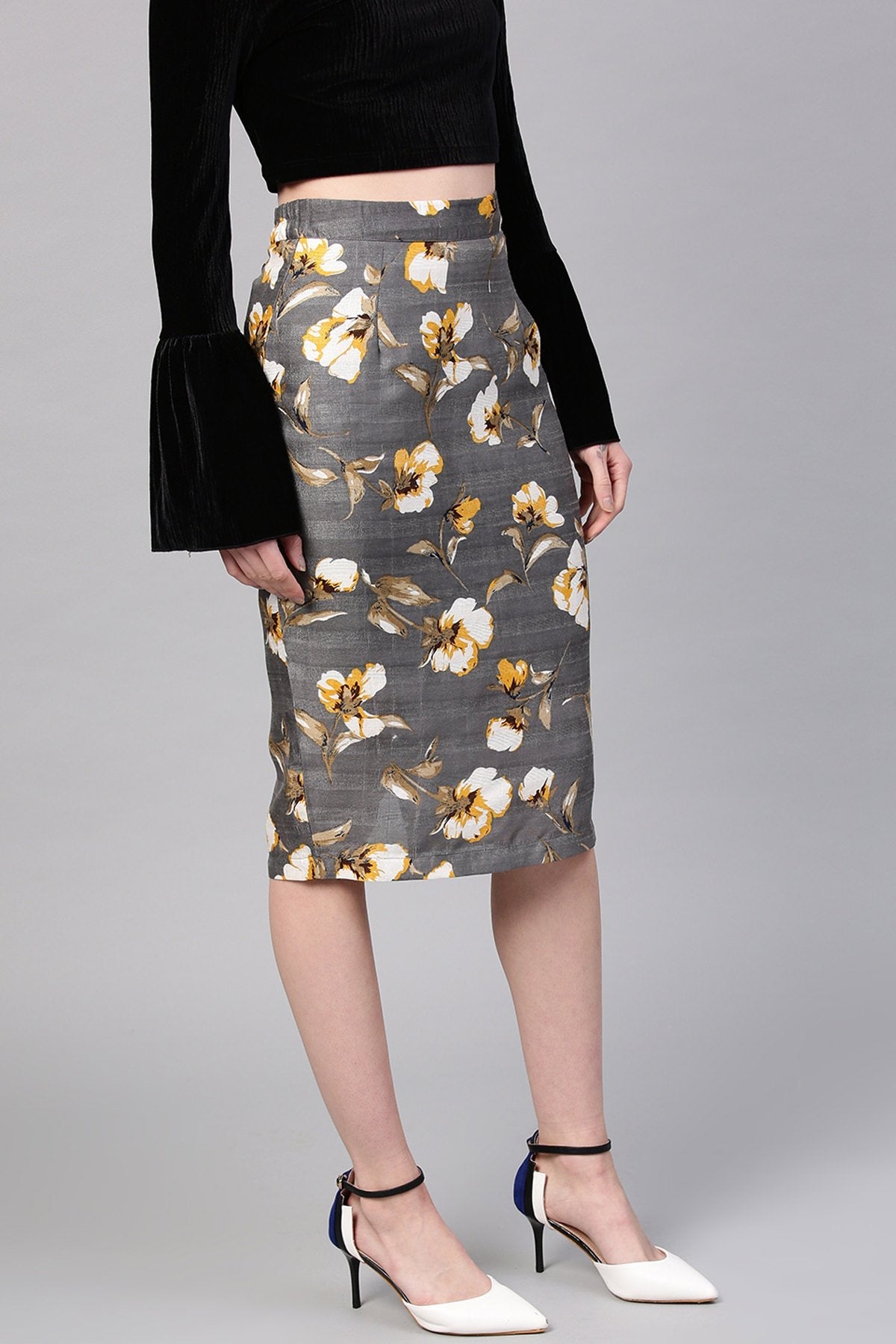 Women's Grey Floral Front Silk Pencil Skirt - SASSAFRAS