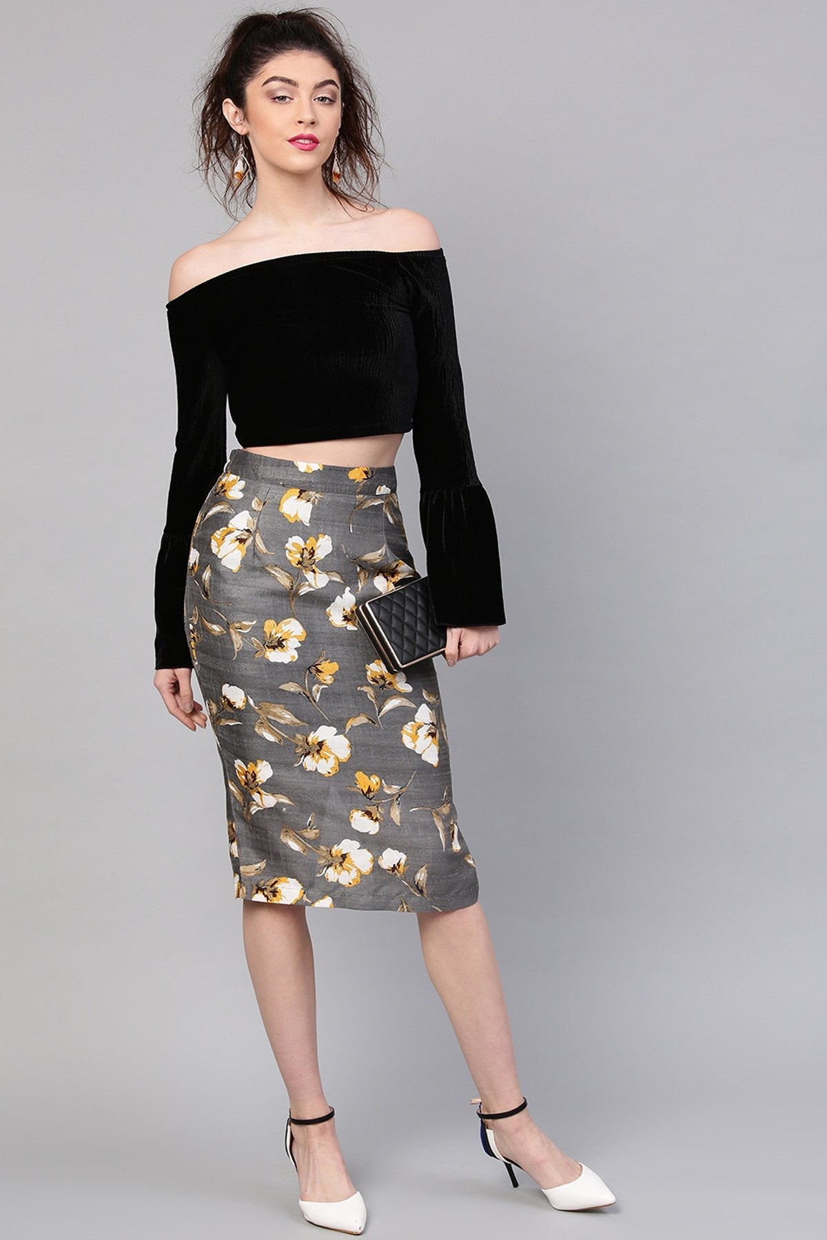 Women's Grey Floral Front Silk Pencil Skirt - SASSAFRAS