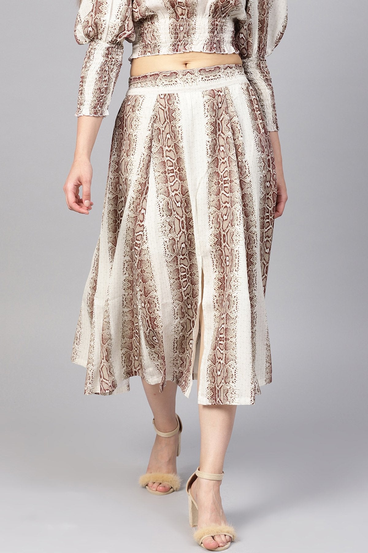 Women's Brown Snake Flared Midi Skirt - SASSAFRAS