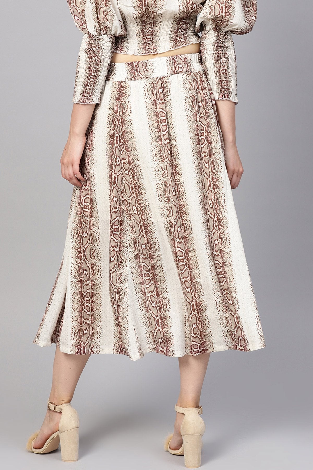 Women's Brown Snake Flared Midi Skirt - SASSAFRAS