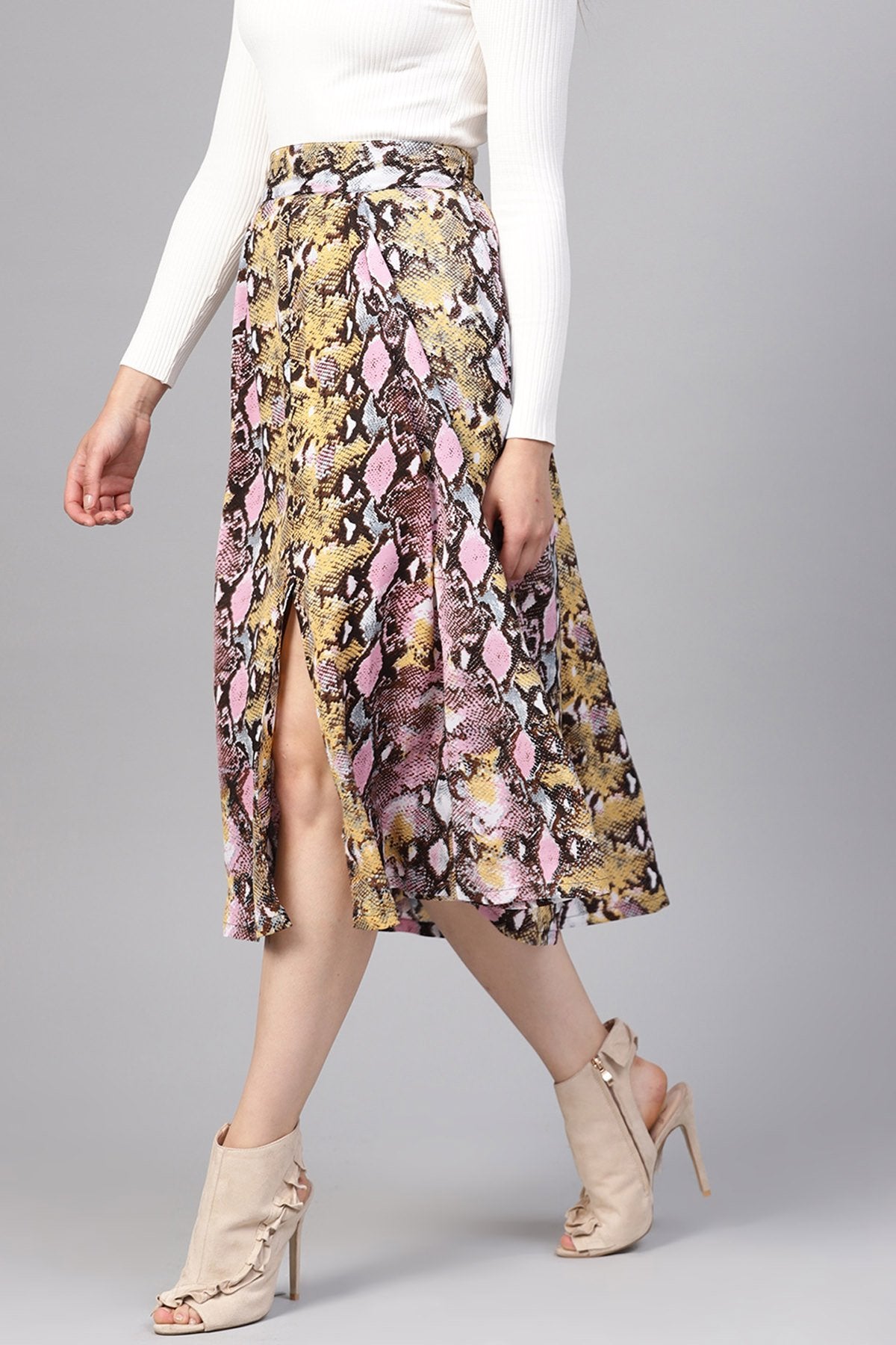 Women's Pink Python Flared Midi Skirt - SASSAFRAS