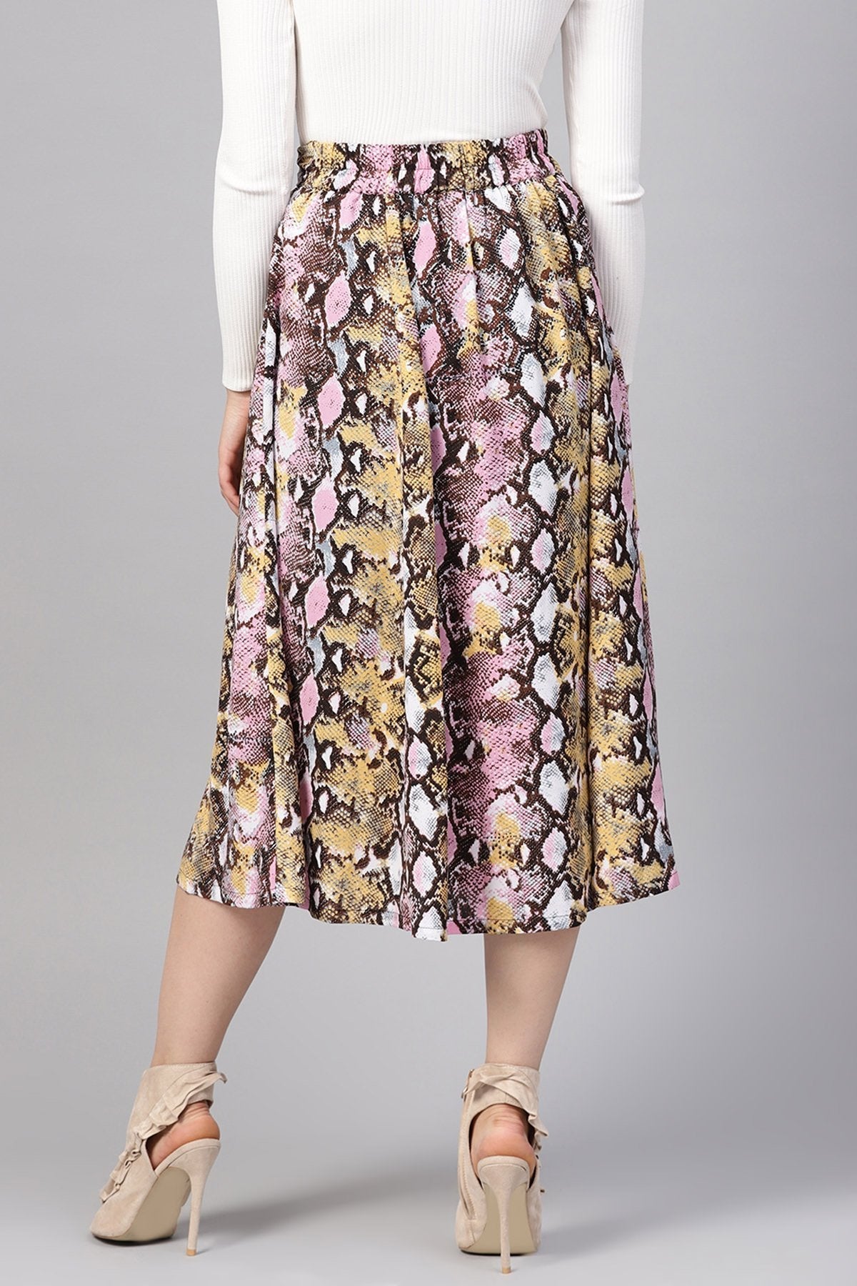 Women's Pink Python Flared Midi Skirt - SASSAFRAS