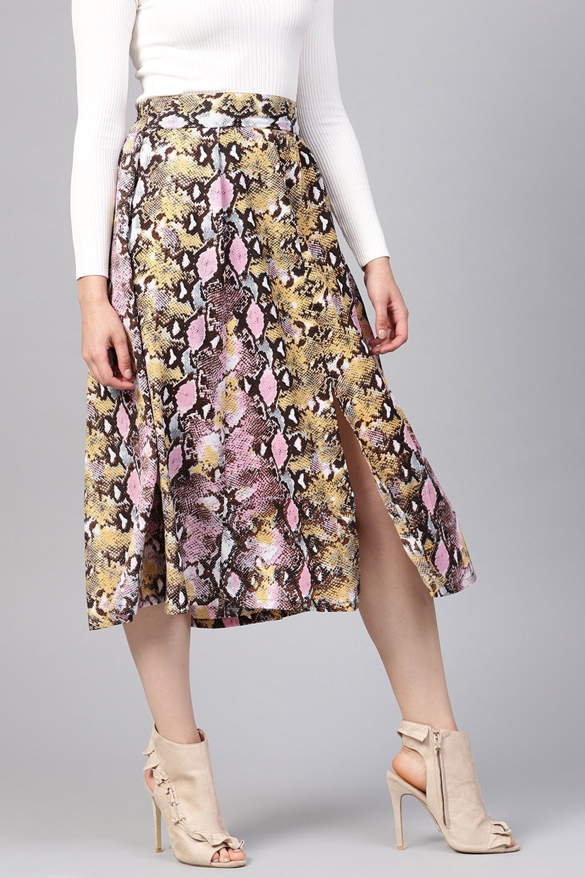 Women's Pink Python Flared Midi Skirt - SASSAFRAS