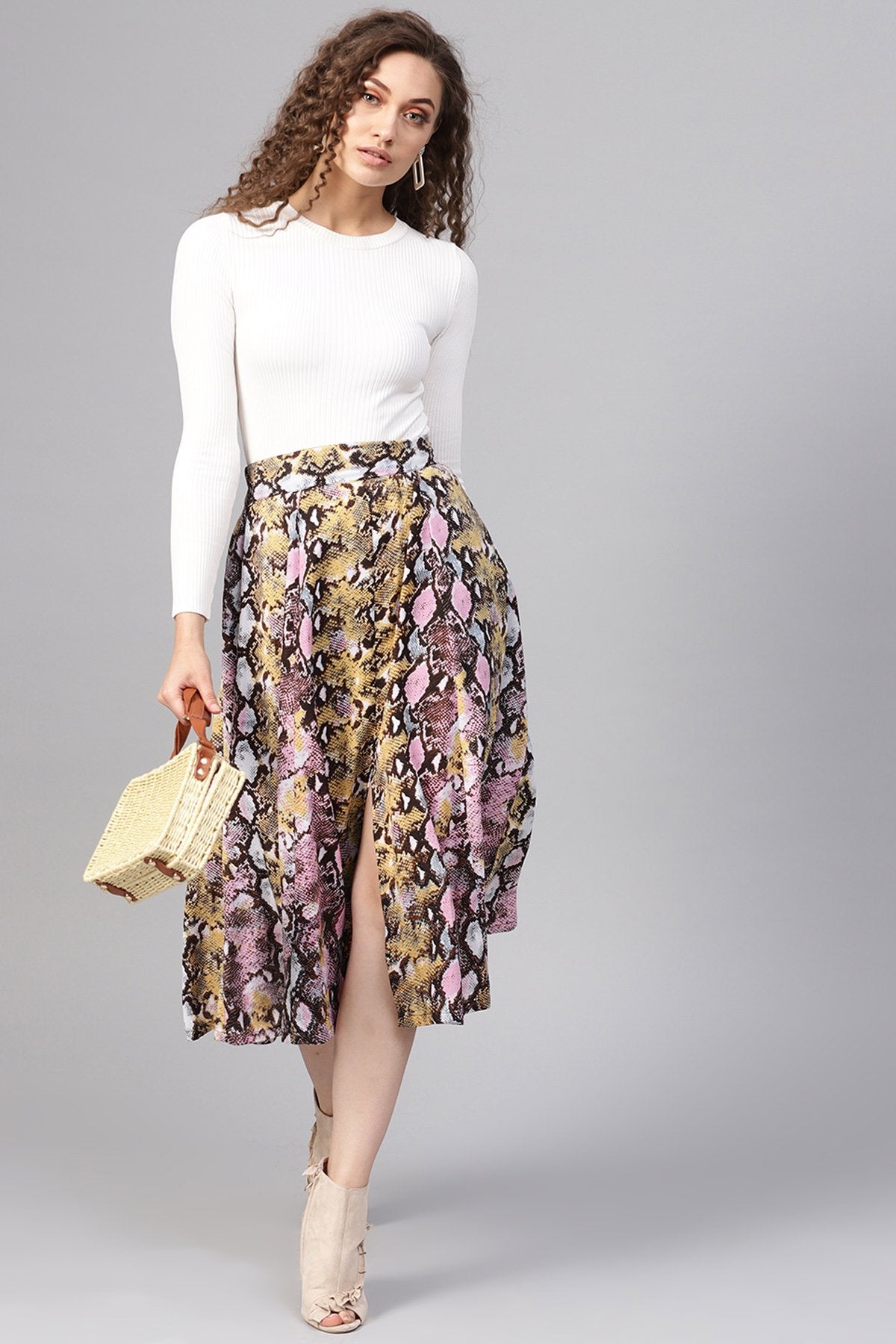 Women's Pink Python Flared Midi Skirt - SASSAFRAS