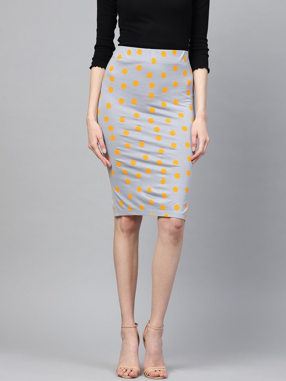 Women's Grey Yellow Polka Pencil Skirt - SASSAFRAS