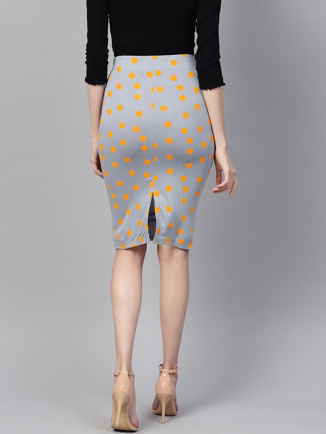 Women's Grey Yellow Polka Pencil Skirt - SASSAFRAS