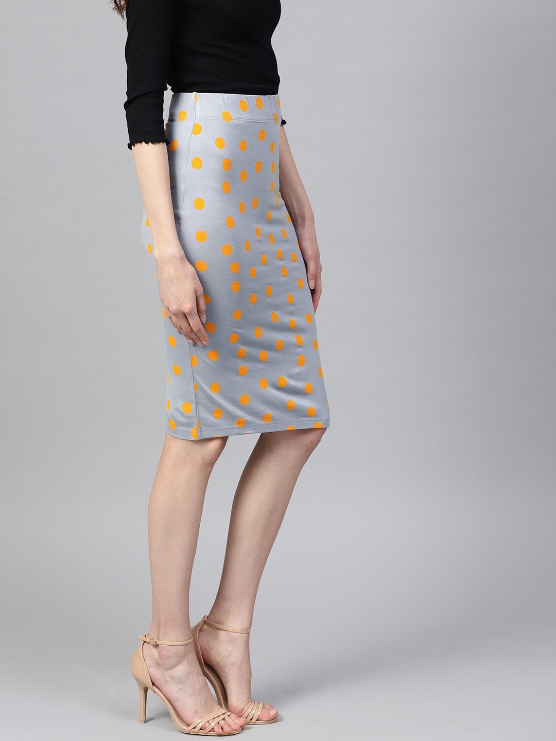 Women's Grey Yellow Polka Pencil Skirt - SASSAFRAS