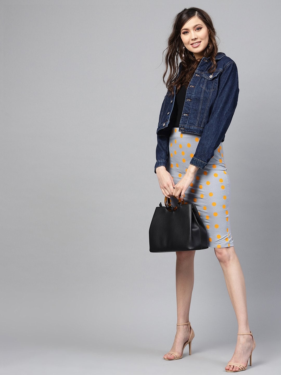 Women's Grey Yellow Polka Pencil Skirt - SASSAFRAS