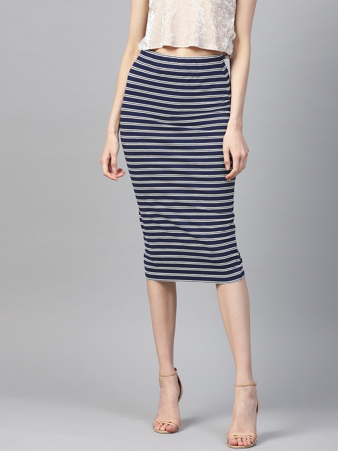 Women's Navy White Stripe Pencil Skirt - SASSAFRAS