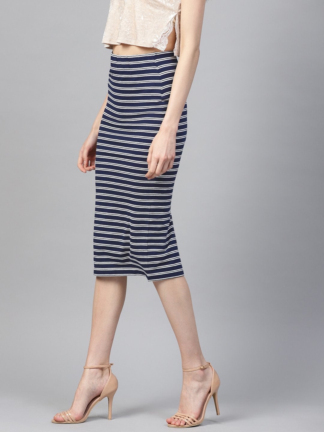 Women's Navy White Stripe Pencil Skirt - SASSAFRAS