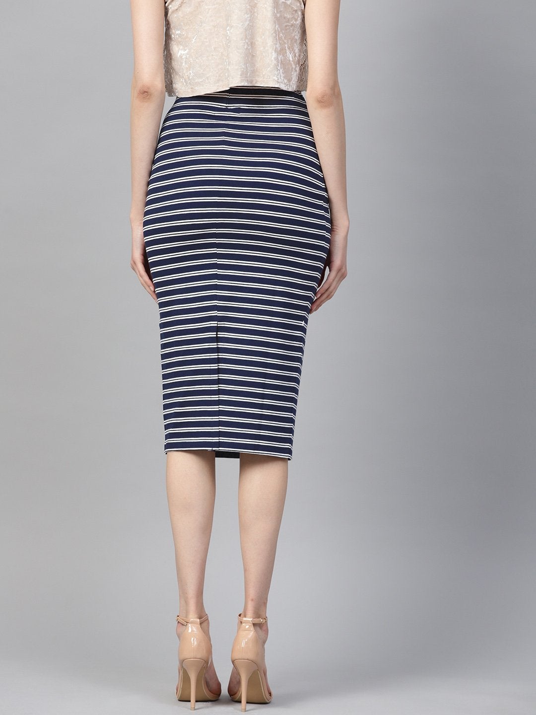 Women's Navy White Stripe Pencil Skirt - SASSAFRAS