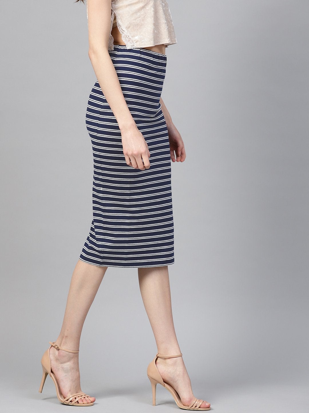 Women's Navy White Stripe Pencil Skirt - SASSAFRAS