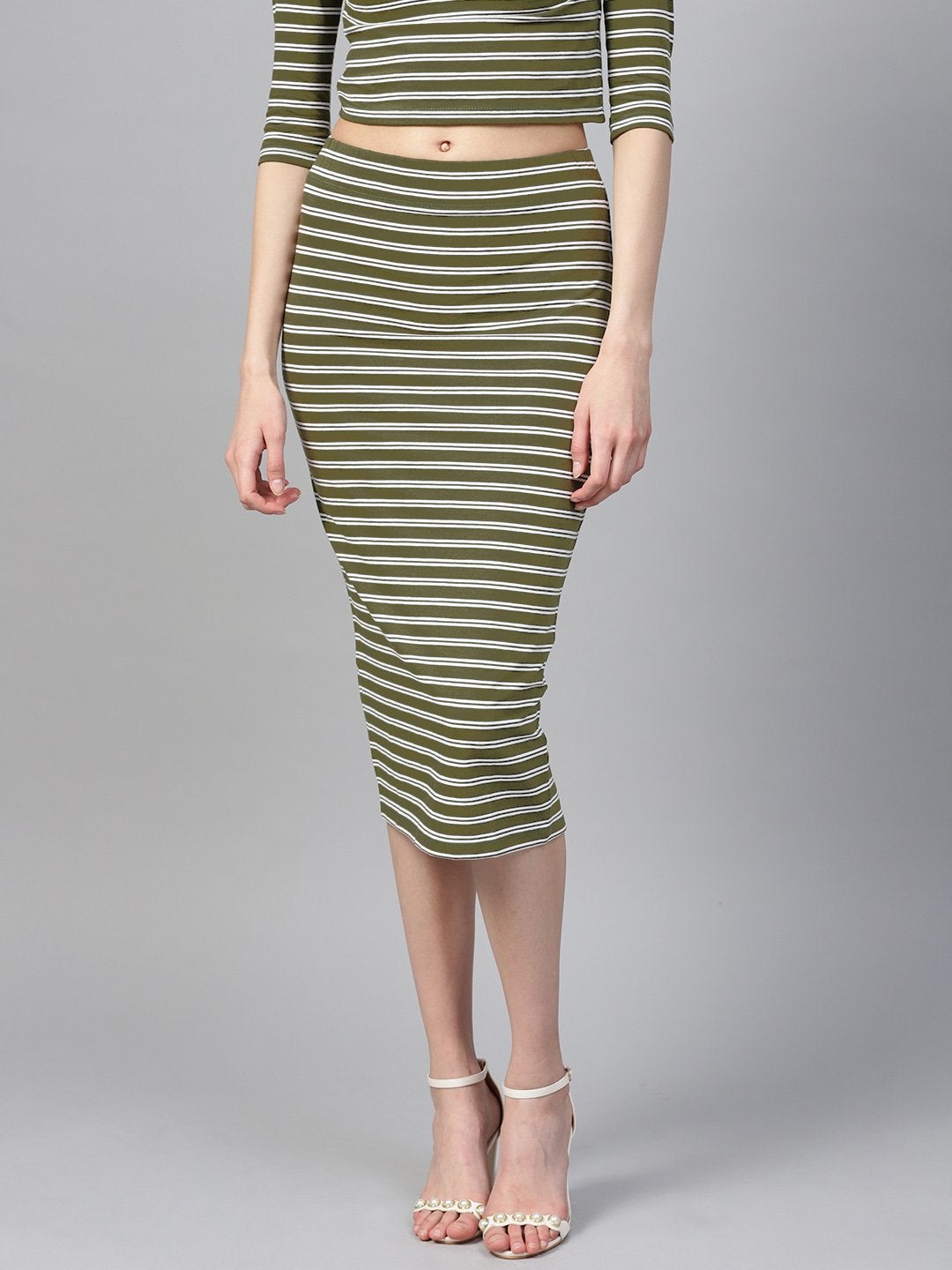 Women's Olive White Stripe Pencil Skirt - SASSAFRAS