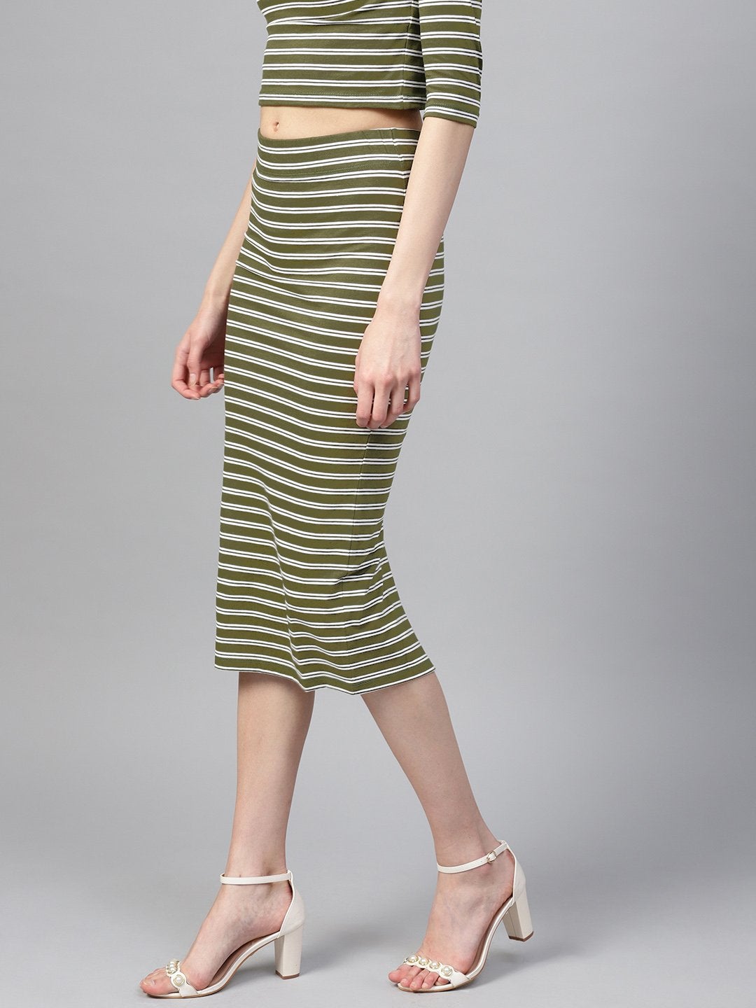 Women's Olive White Stripe Pencil Skirt - SASSAFRAS