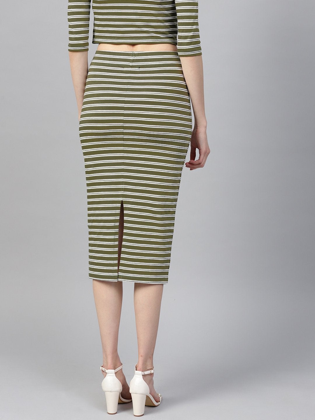 Women's Olive White Stripe Pencil Skirt - SASSAFRAS