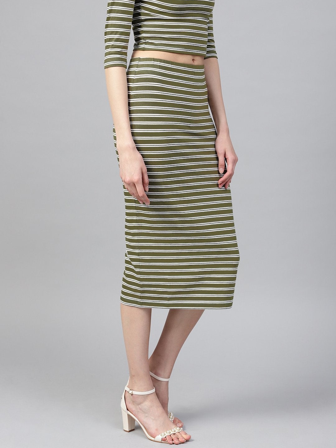 Women's Olive White Stripe Pencil Skirt - SASSAFRAS