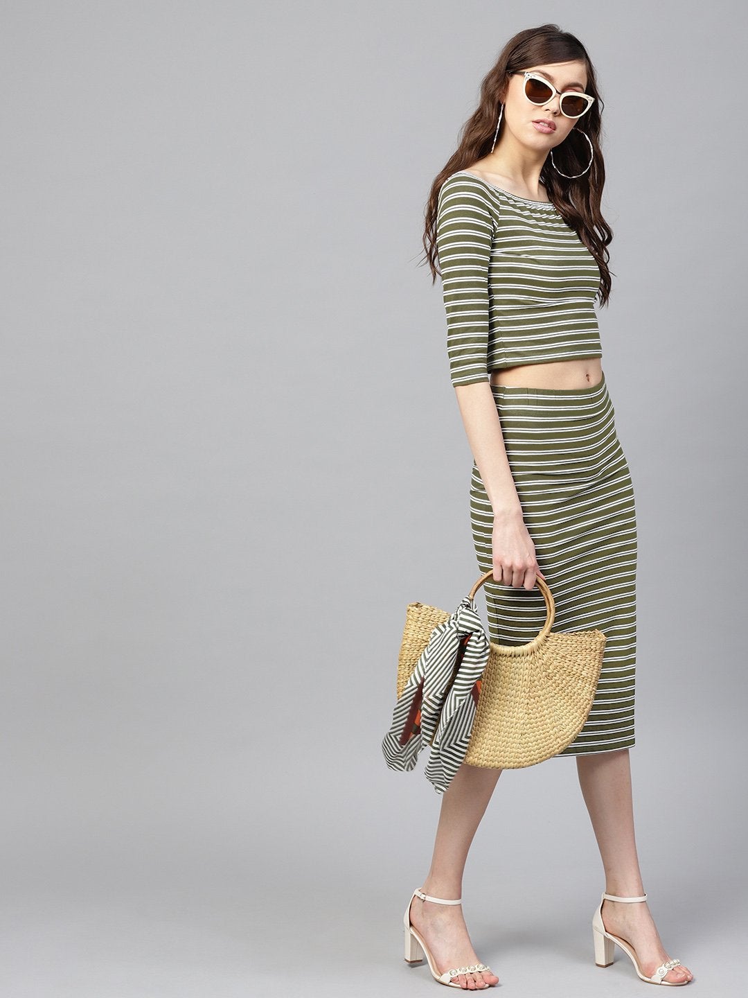 Women's Olive White Stripe Pencil Skirt - SASSAFRAS