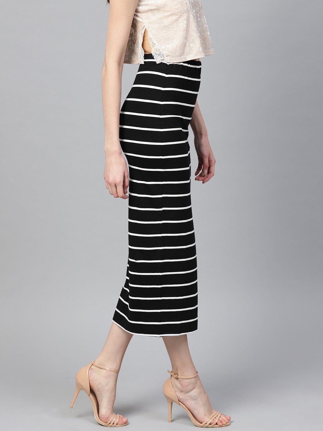 Women's Black White Stripe Maxi Pencil Skirt - SASSAFRAS