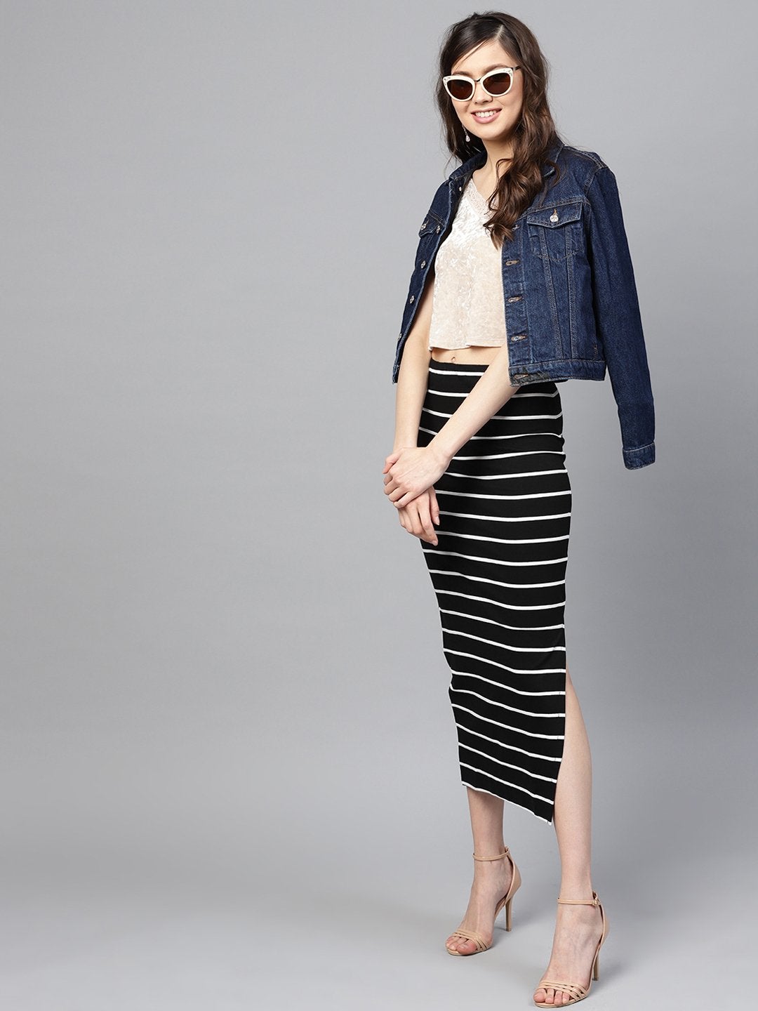 Women's Black White Stripe Maxi Pencil Skirt - SASSAFRAS