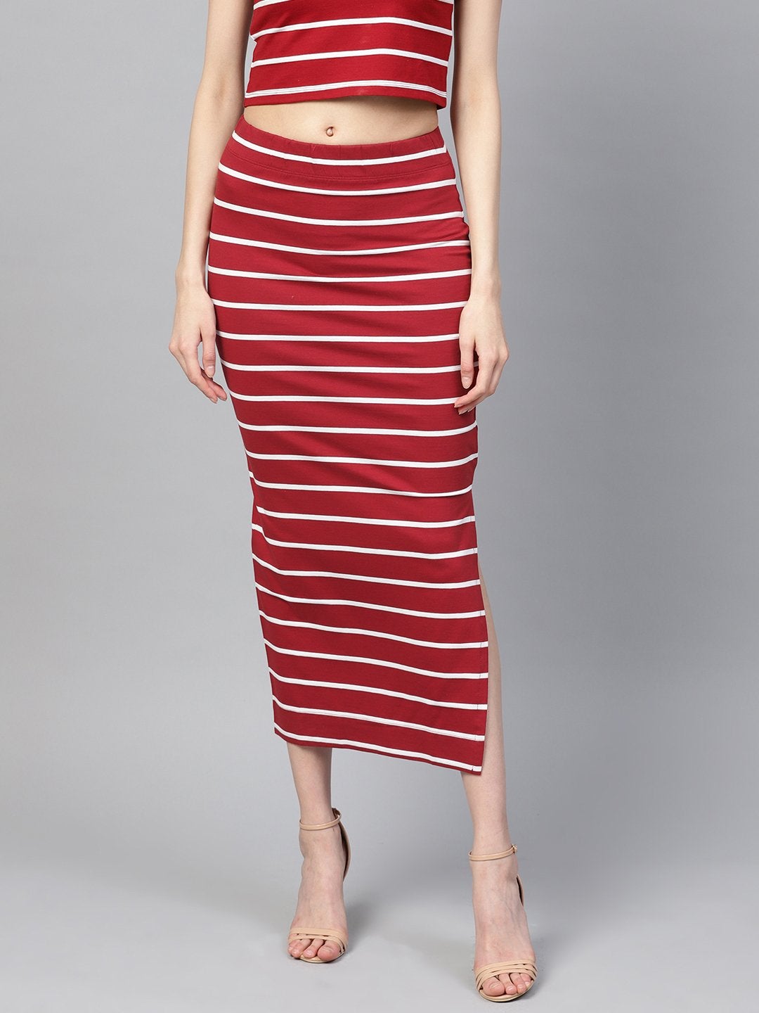 Women's Maroon White Stripe Maxi Pencil Skirt - SASSAFRAS