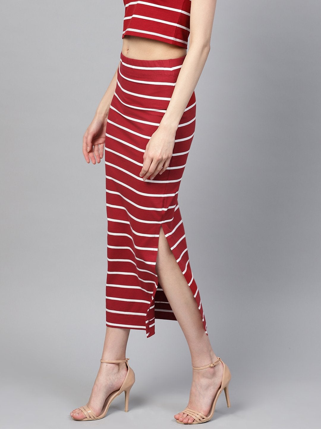 Women's Maroon White Stripe Maxi Pencil Skirt - SASSAFRAS