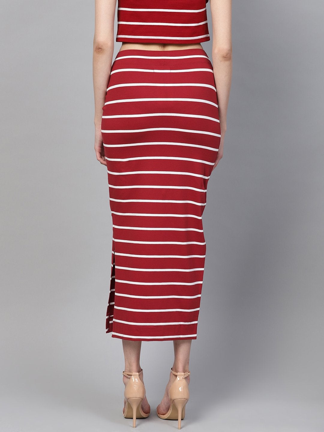 Women's Maroon White Stripe Maxi Pencil Skirt - SASSAFRAS