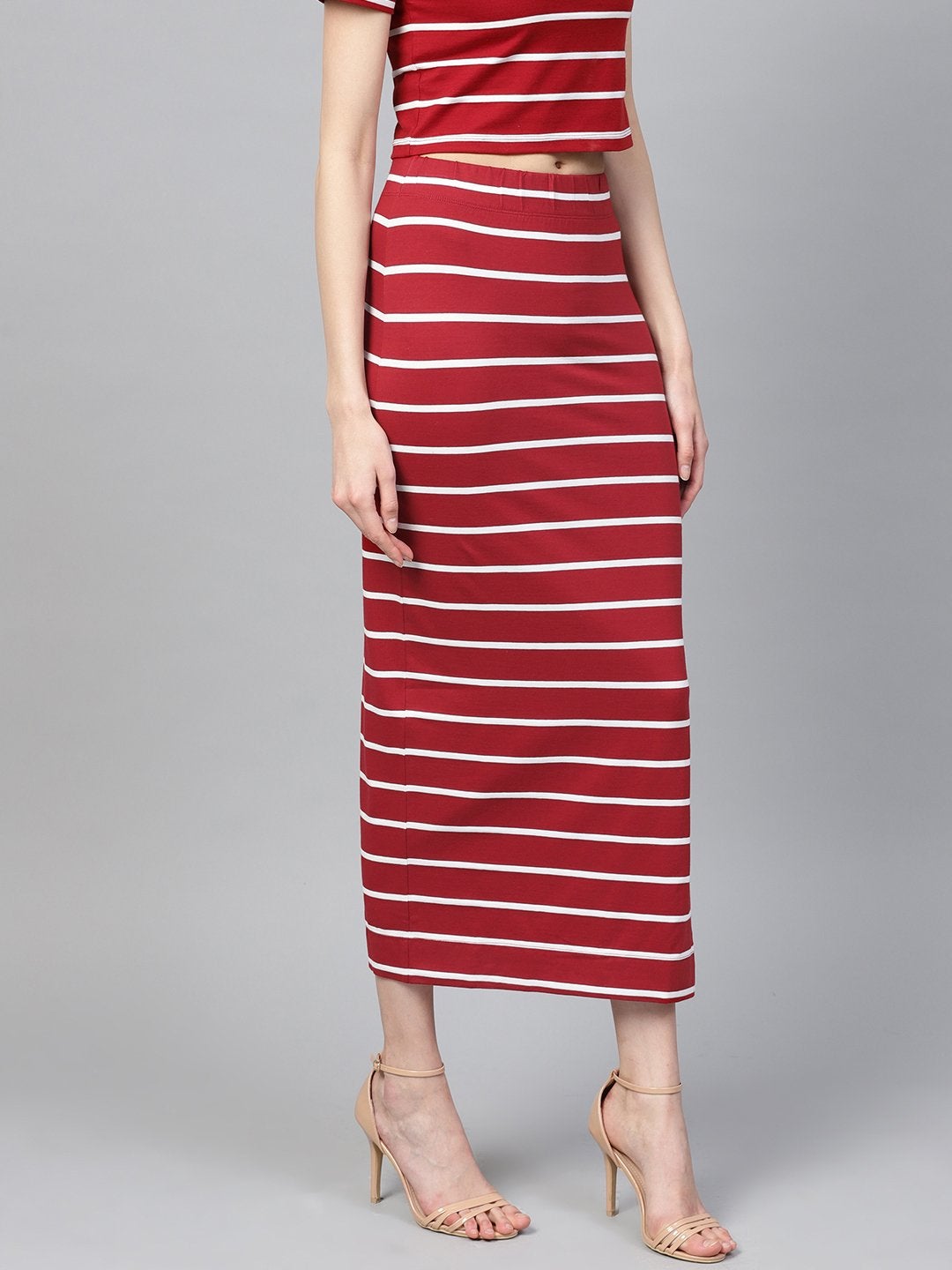 Women's Maroon White Stripe Maxi Pencil Skirt - SASSAFRAS